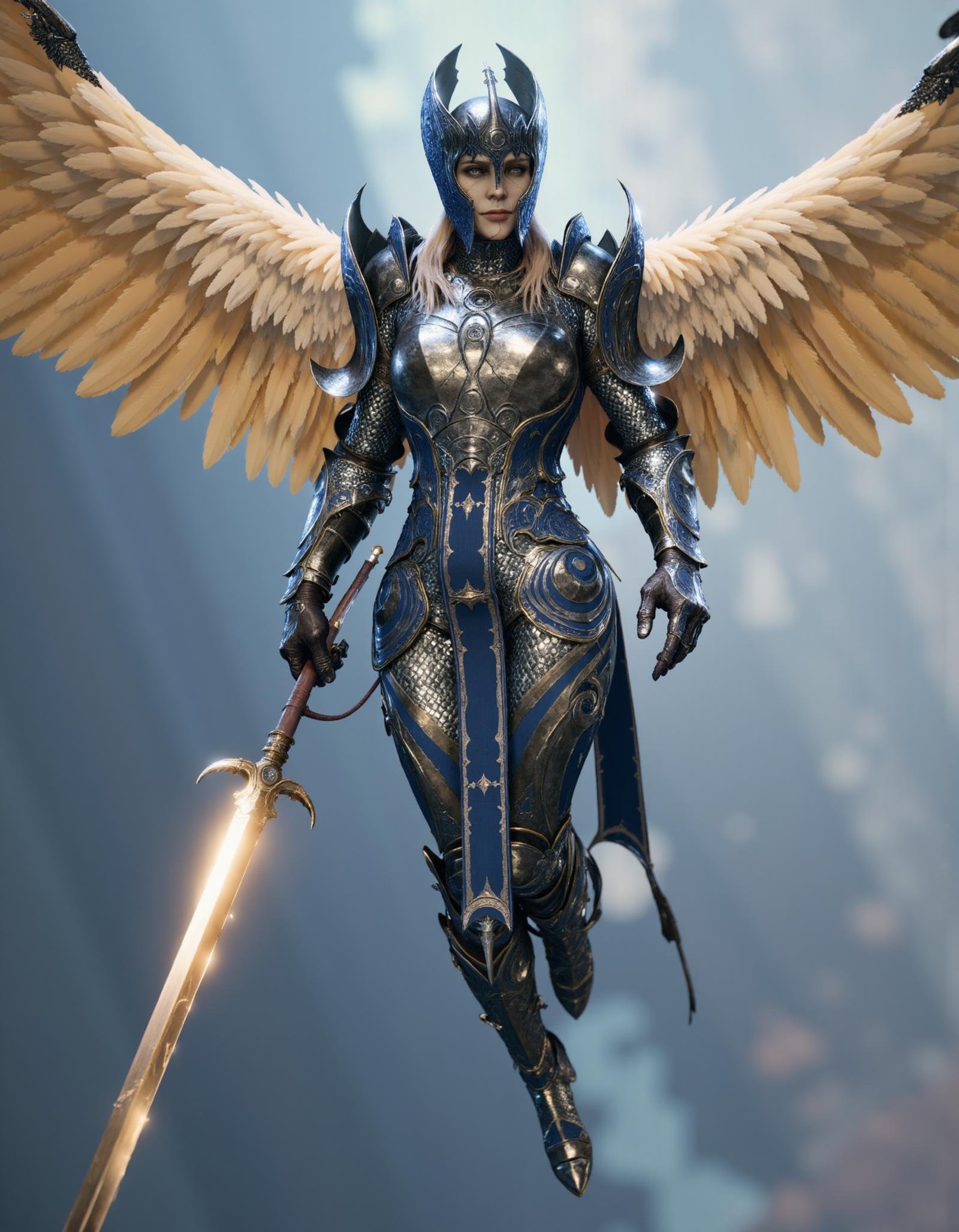 a highly detailed epic fantasy painting of a flying dameaylin,  wearing intricate metallic armor and helmet with large fea...