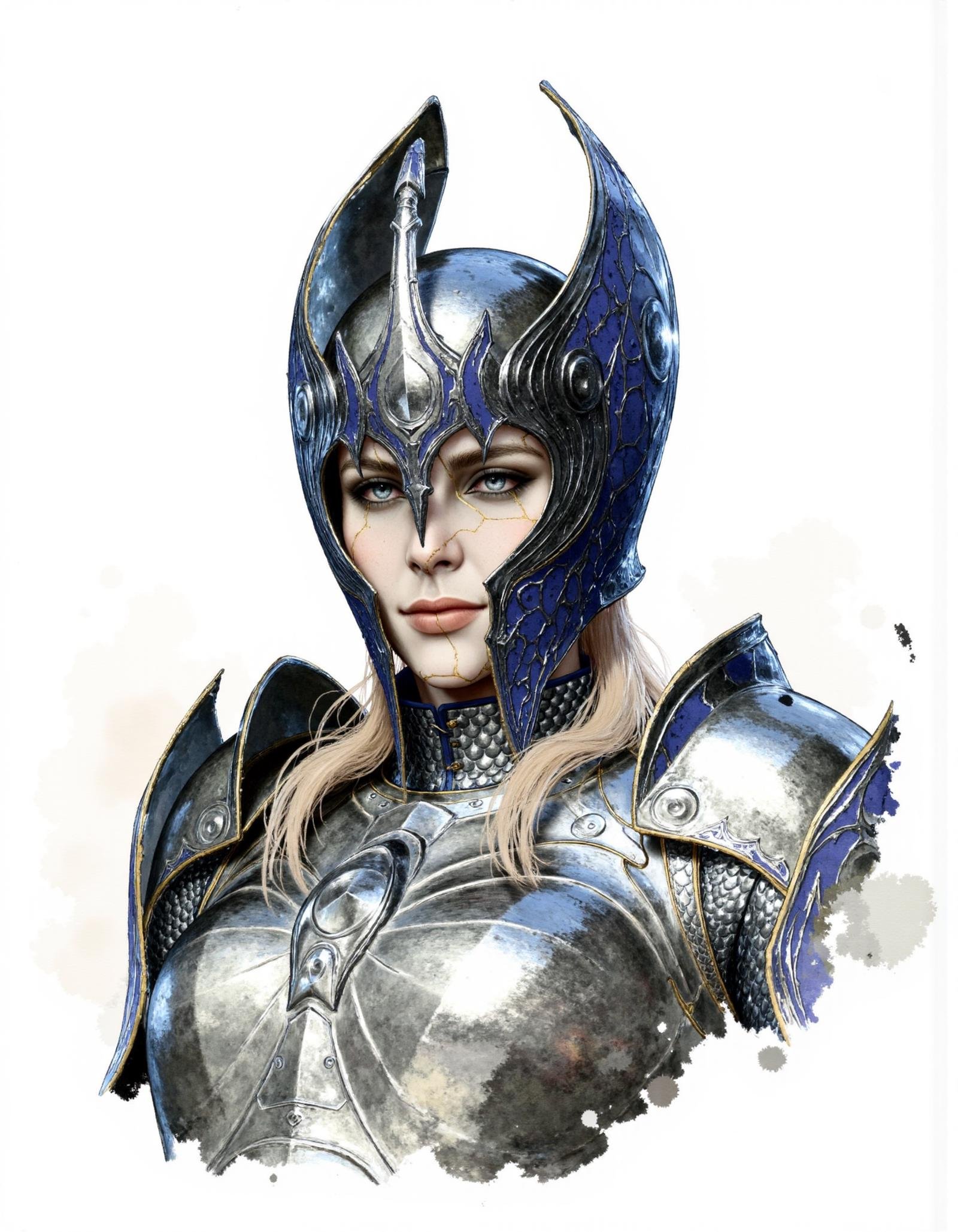 a stylized watercolor painting with color splotches of an upper body portrait of dameAylin ,  wearing armor and helmet by...