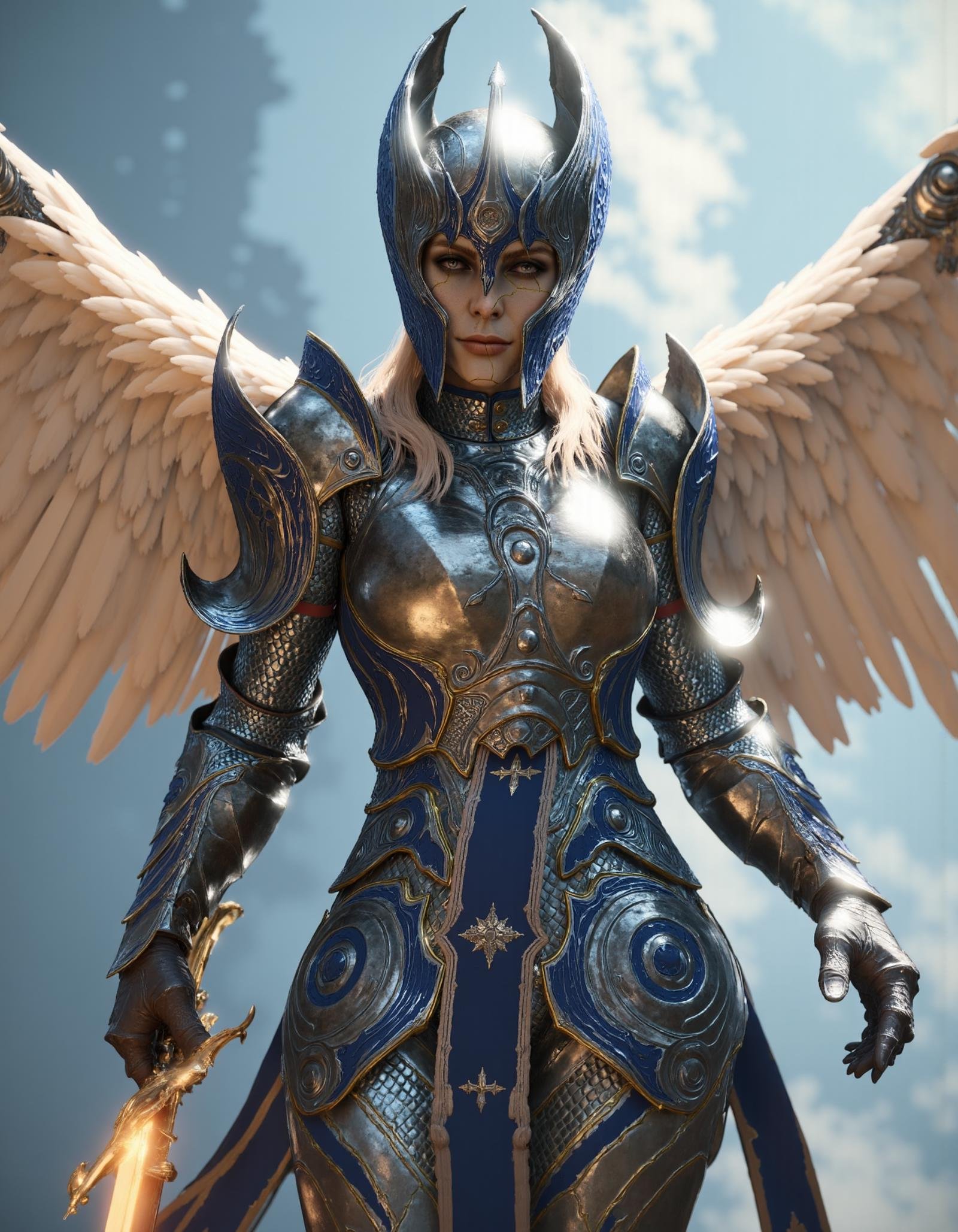 a highly detailed epic fantasy painting of a flying dameaylin,  wearing intricate metallic armor and helmet with large fea...