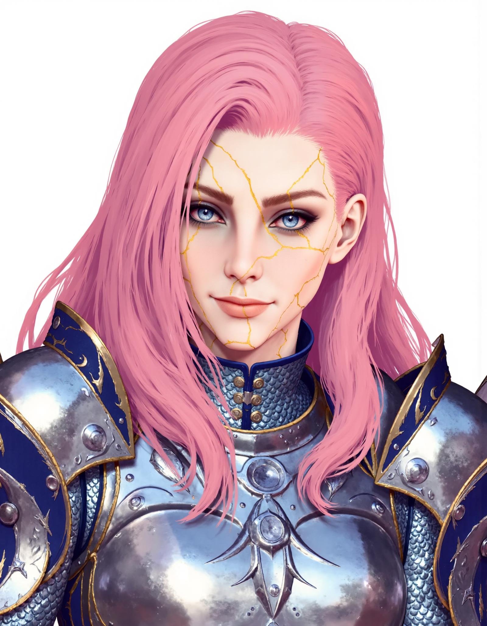 flat color anime illustration closeup portrait of dameAylin with flat colors,  with long flowing pink hair ,  wearing armo...