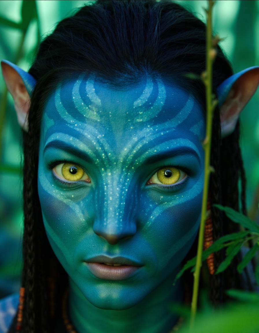 avatarlora,  A close-up of a Na'vi character with intricate face paint and piercing yellow eyes,  lit by the glowing plant...