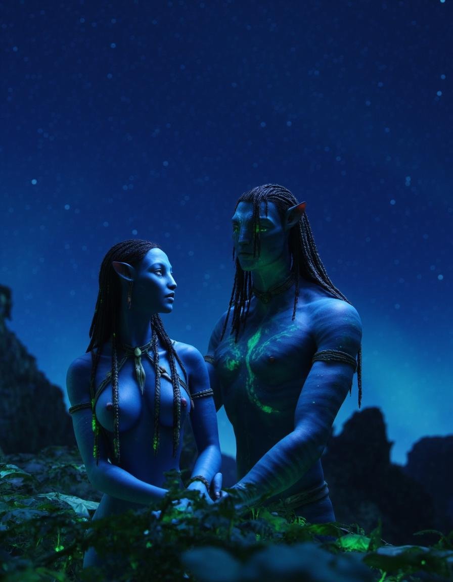 avatarlora,  Two Na'vi bonding under a Pandora night sky filled with stars,  bioluminescent flora illuminating the scene b...