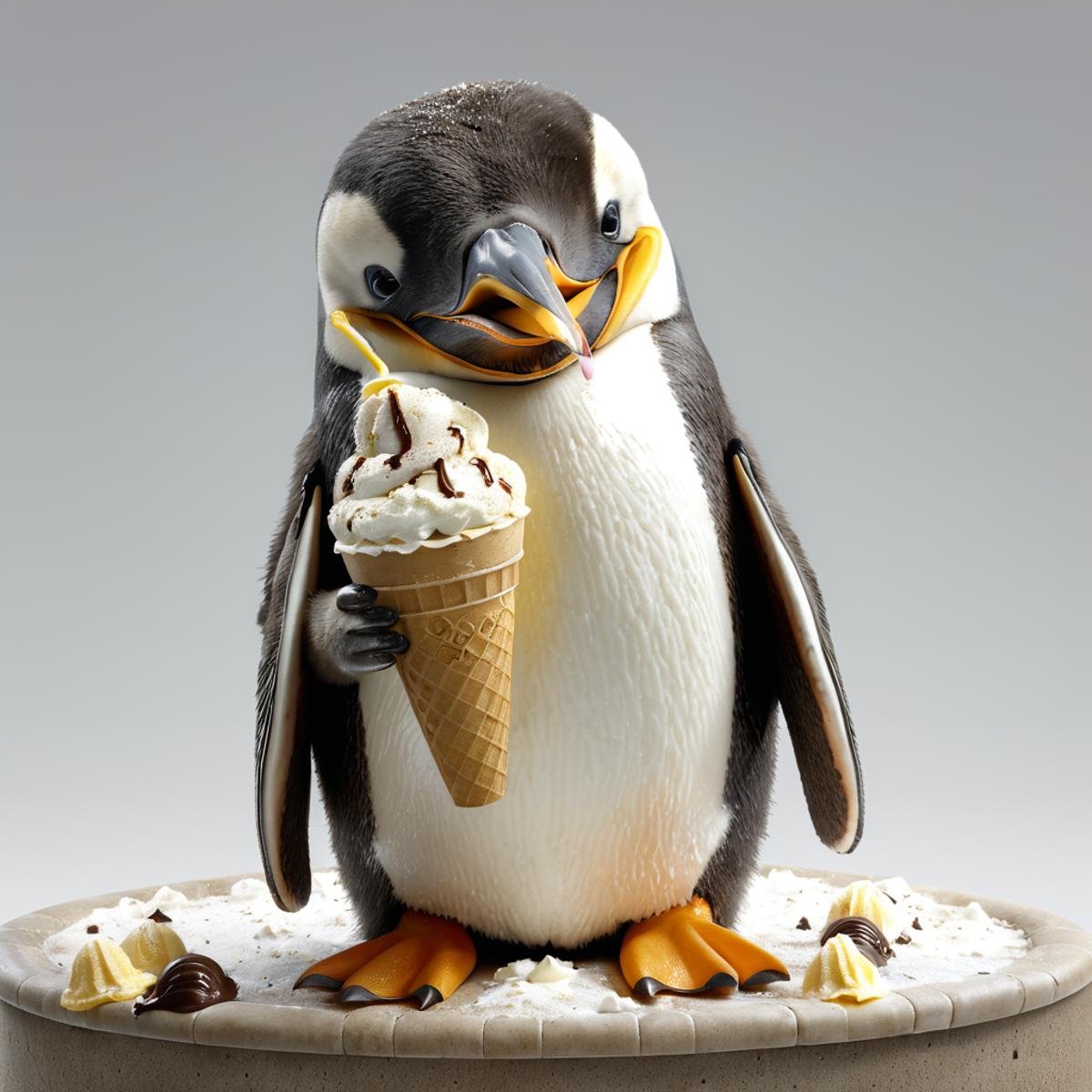 midjourneylora,  penguin,  eating icecream by Zwaetschge on Tensor.Art