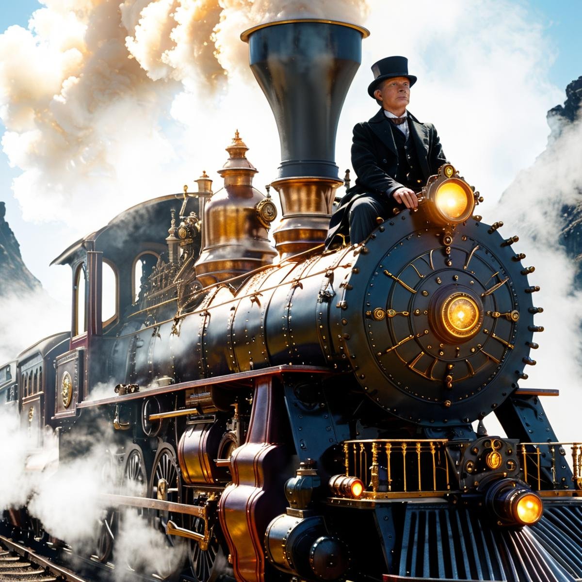 midjourneylora,  1man sitting ontop of steam engine train,  Photorealistic by Zwaetschge on Tensor.Art