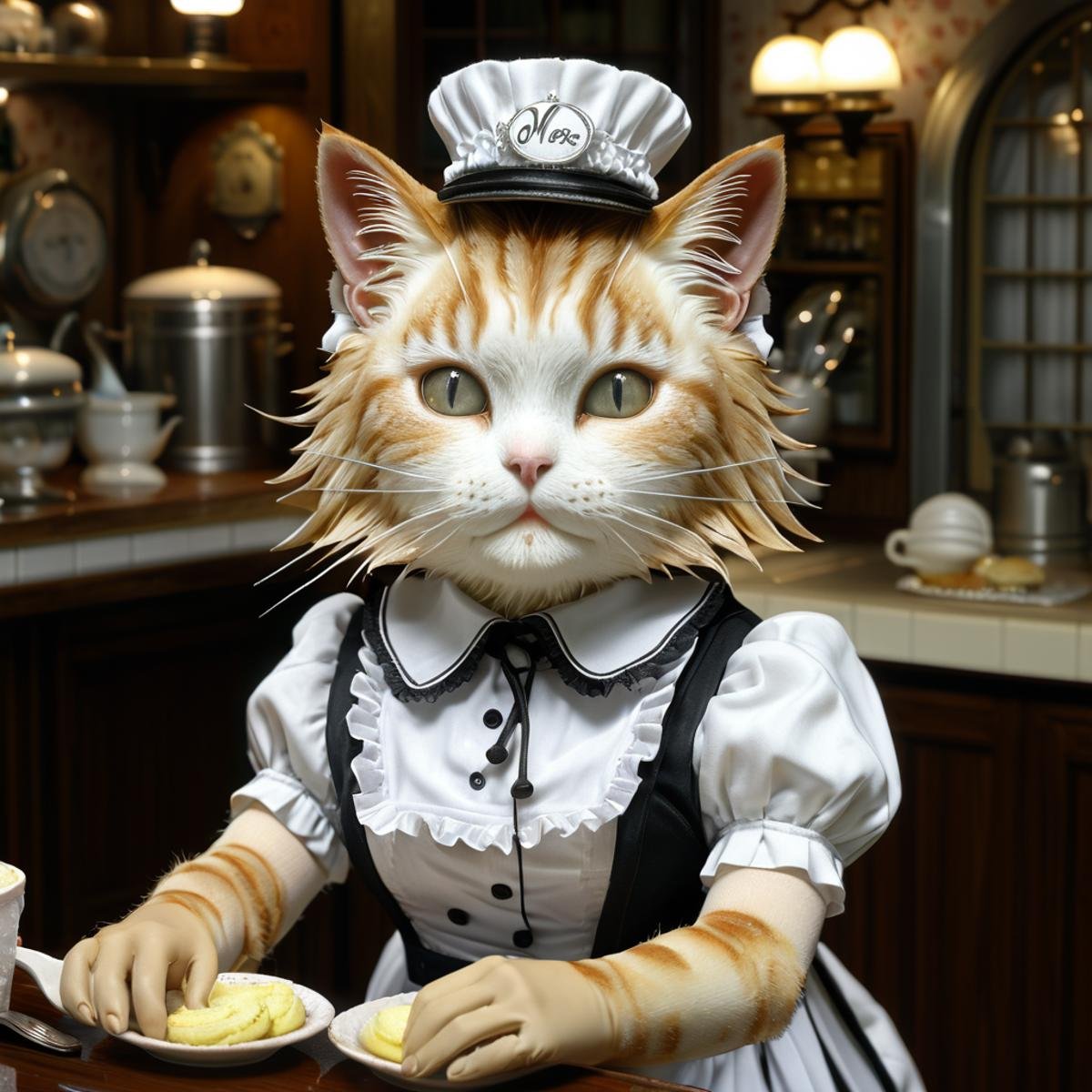 midjourneylora,  cat working in maid cafe,  Photorealistic by Zwaetschge on Tensor.Art