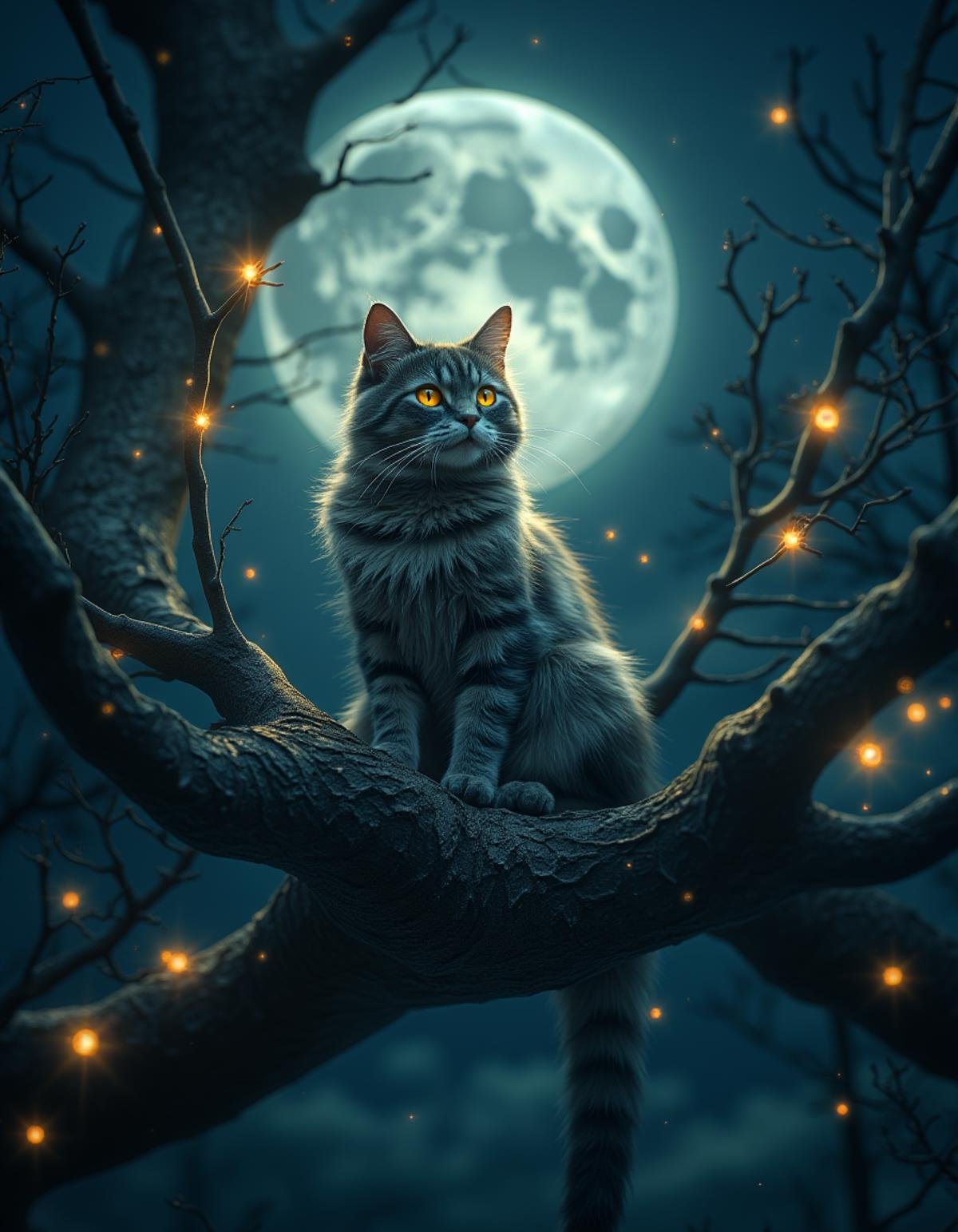 cat sitting on a tree branch during full moon by Zwaetschge on Tensor.Art