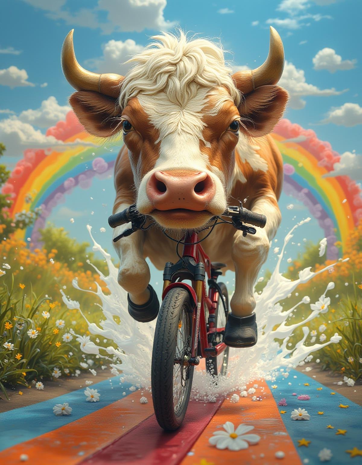 cow riding a bike on a rainbow road. by Zwaetschge on Tensor.Art