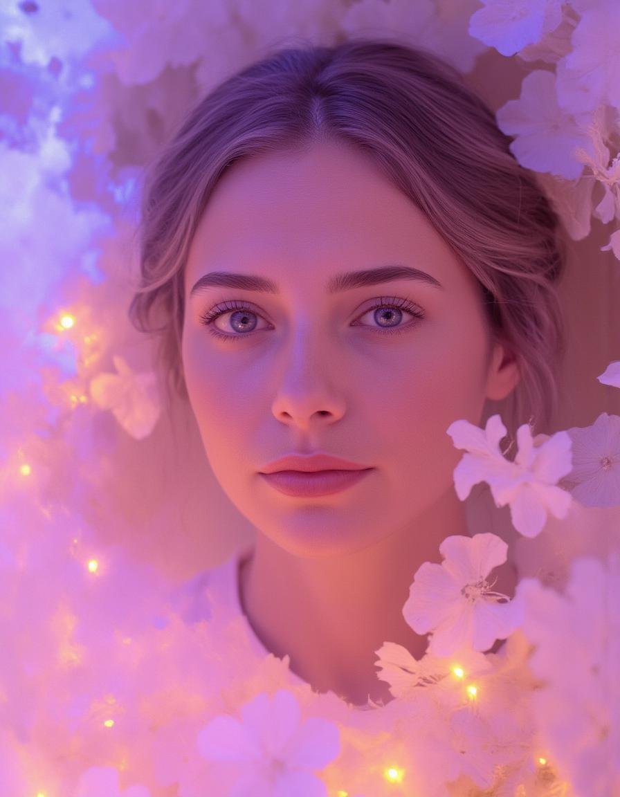 midjourney,  A close-up portrait of a person with soft features,  bathed in pastel-colored light. Their face is illuminate...