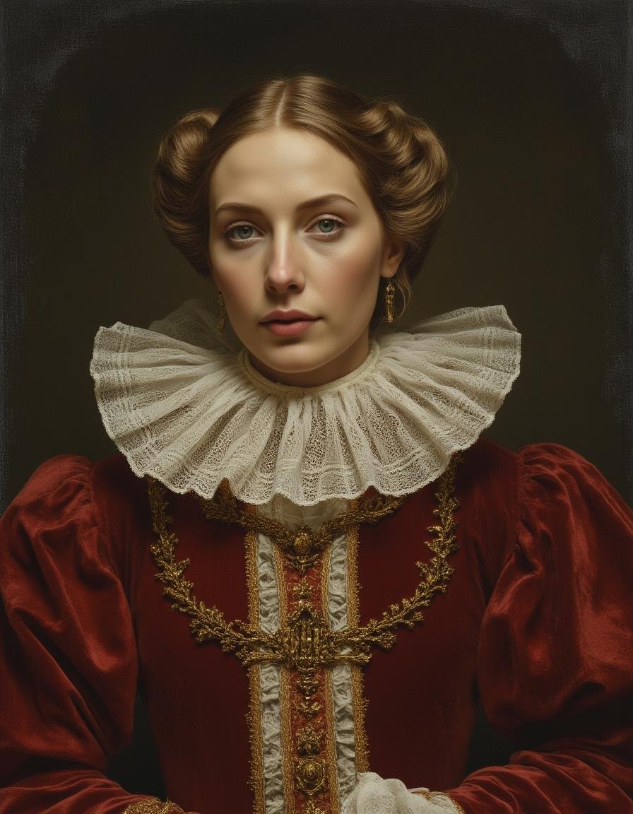 midjourney,  A regal portrait of a person dressed in Renaissance-style attire,  with intricate lace collars by Zwaetschge...
