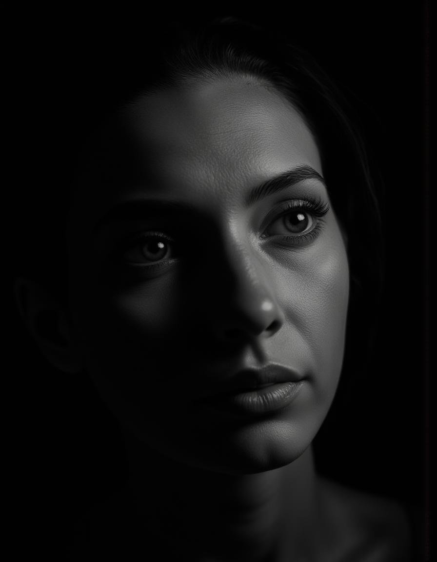 midjourney,  A dramatic black-and-white portrait of a person with sharp,  high-contrast lighting. Strong shadows sculpt th...