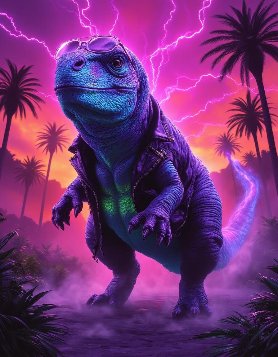 midjourney,  A fierce T-Rex standing in a neon-lit jungle,  decked out in a black leather jacket with silver studs on the...