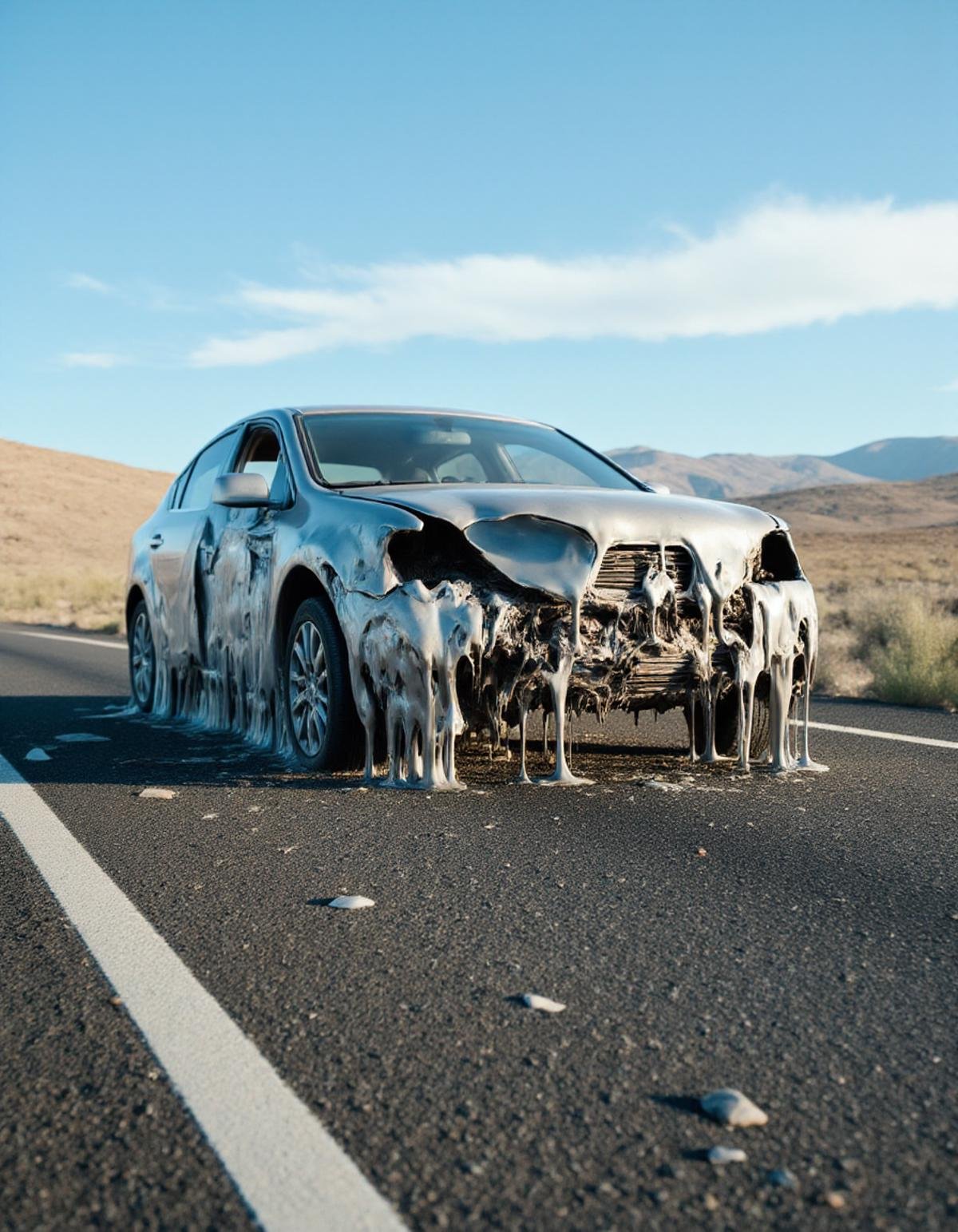 photography of a melting car un a highway in the desert by Zwaetschge on Tensor.Art