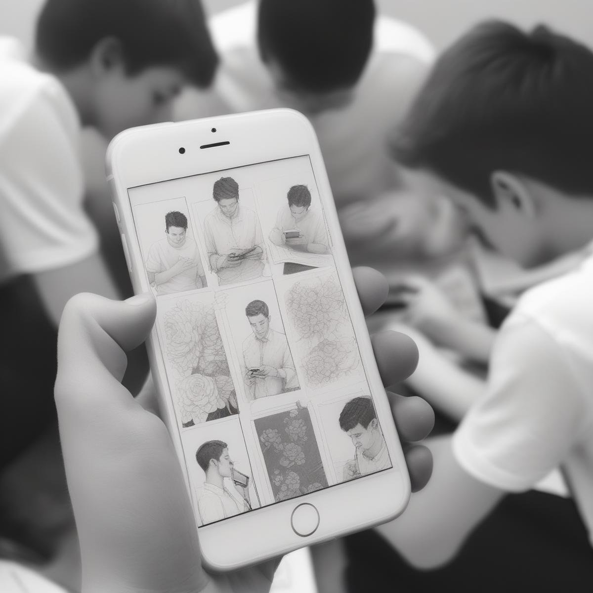 greyscale,  holding phone,  white shirt by Zwaetschge on Tensor.Art