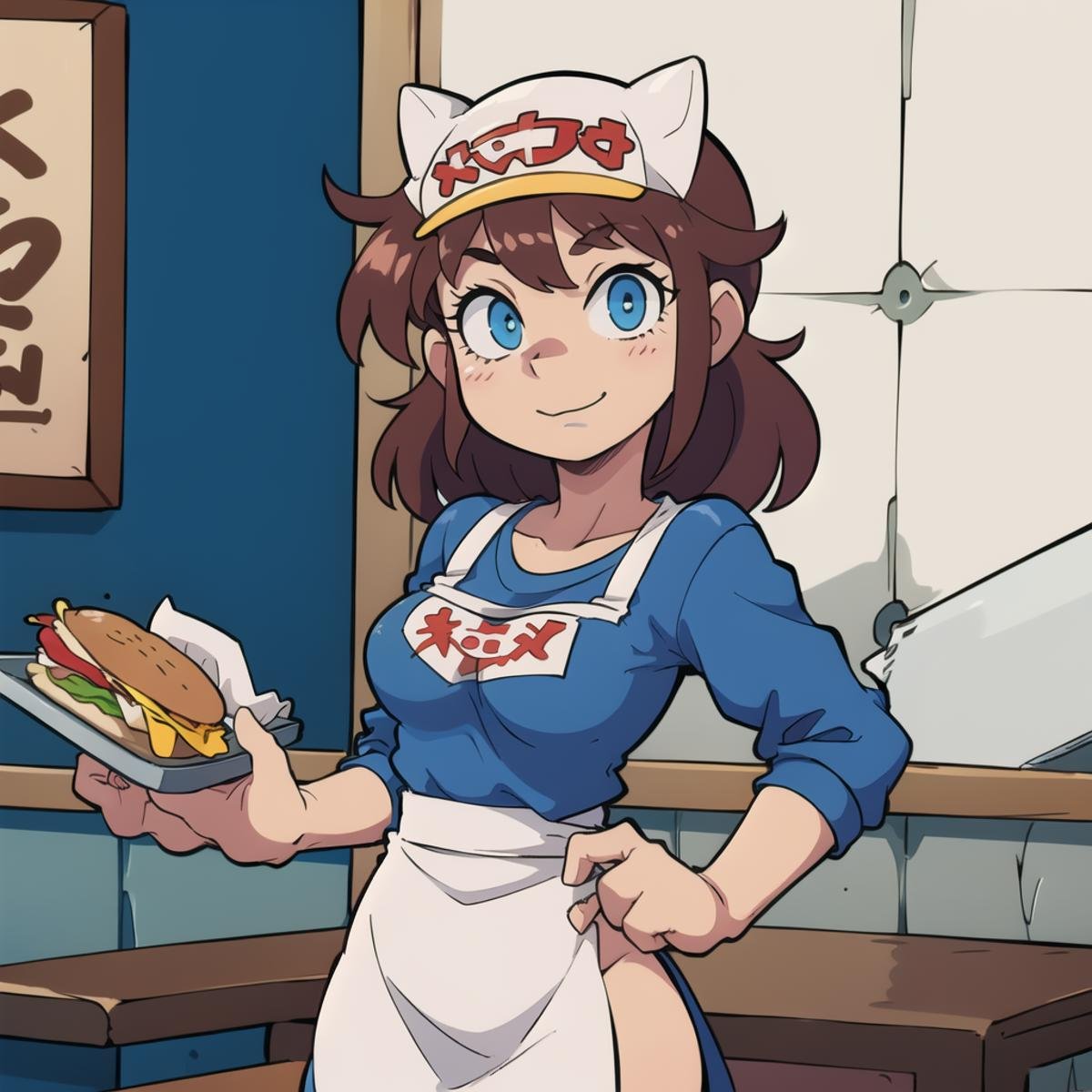 1girl,  80's anime style,  serving fast food at a restaurant by TheFoodMage on Tensor.Art