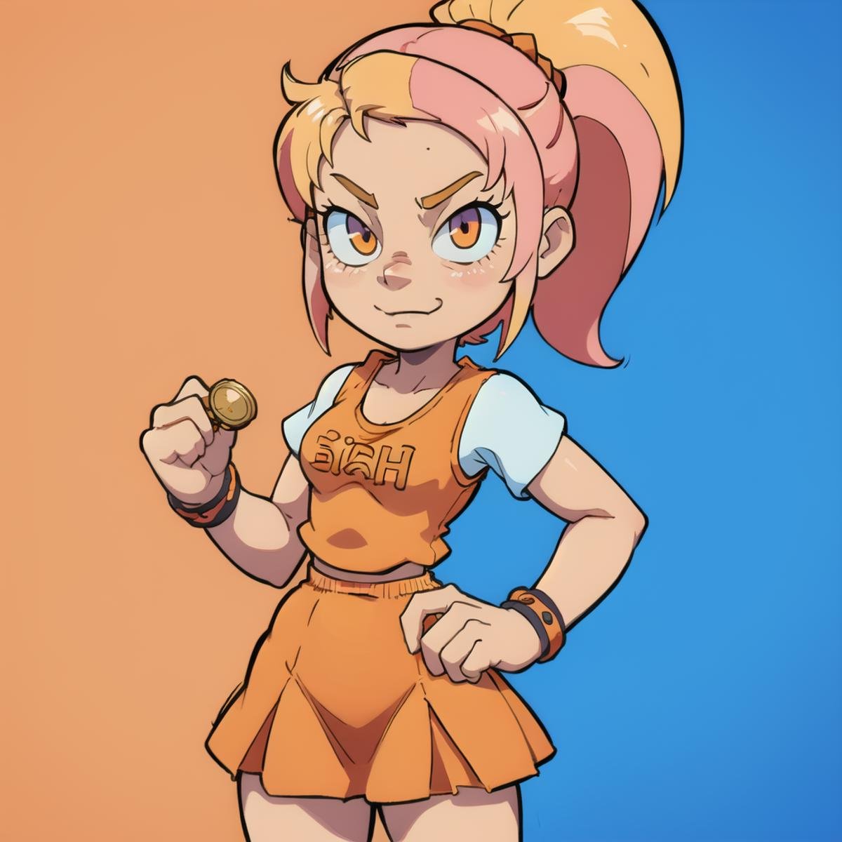 1girl,  80's anime style,  holding a bitcoin and winking by TheFoodMage on Tensor.Art