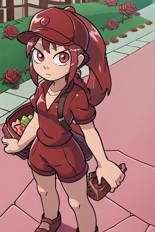 Jellymage delivering a fruit basket to an apartment,  rose bush,  sidewalk by TheFoodMage on Tensor.Art