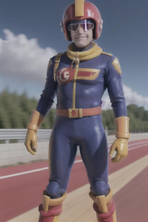 1man CaptainFalcon saluting on a race track,  cars speeding by,  red helmet by TheFoodMage on Tensor.Art
