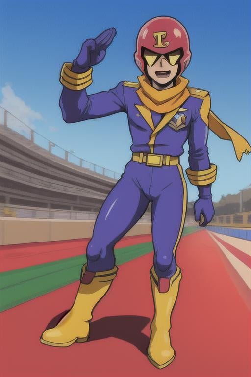 1man CaptainFalcon saluting on a race track,  cars speeding by,  red helmet by TheFoodMage on Tensor.Art