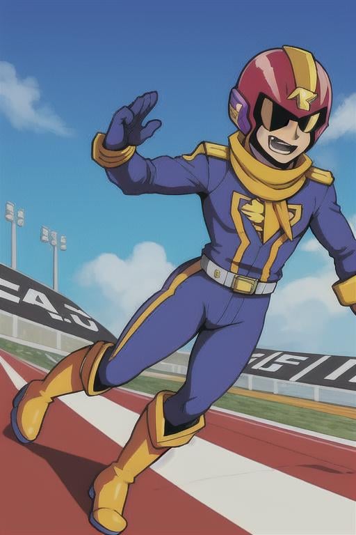 1man CaptainFalcon saluting on a race track,  cars speeding by,  red helmet by TheFoodMage on Tensor.Art