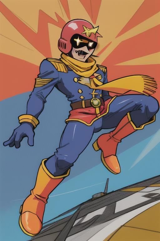 1man CaptainFalcon saluting on a race track,  cars speeding by,  red helmet by TheFoodMage on Tensor.Art