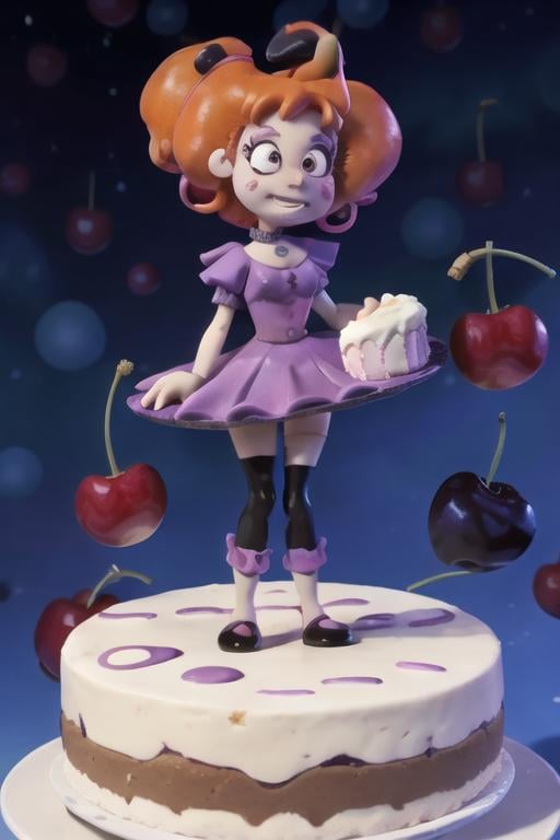 claymation,  80's anime style,  JinxTT balancing on a giant cheesecake on a plate by TheFoodMage on Tensor.Art