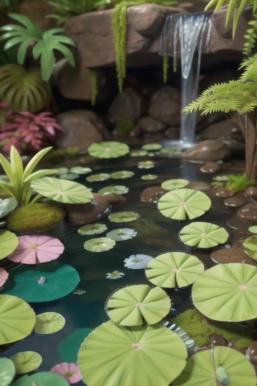 claymation,  80's anime style,  waterfall with fish and lilypads by TheFoodMage on Tensor.Art