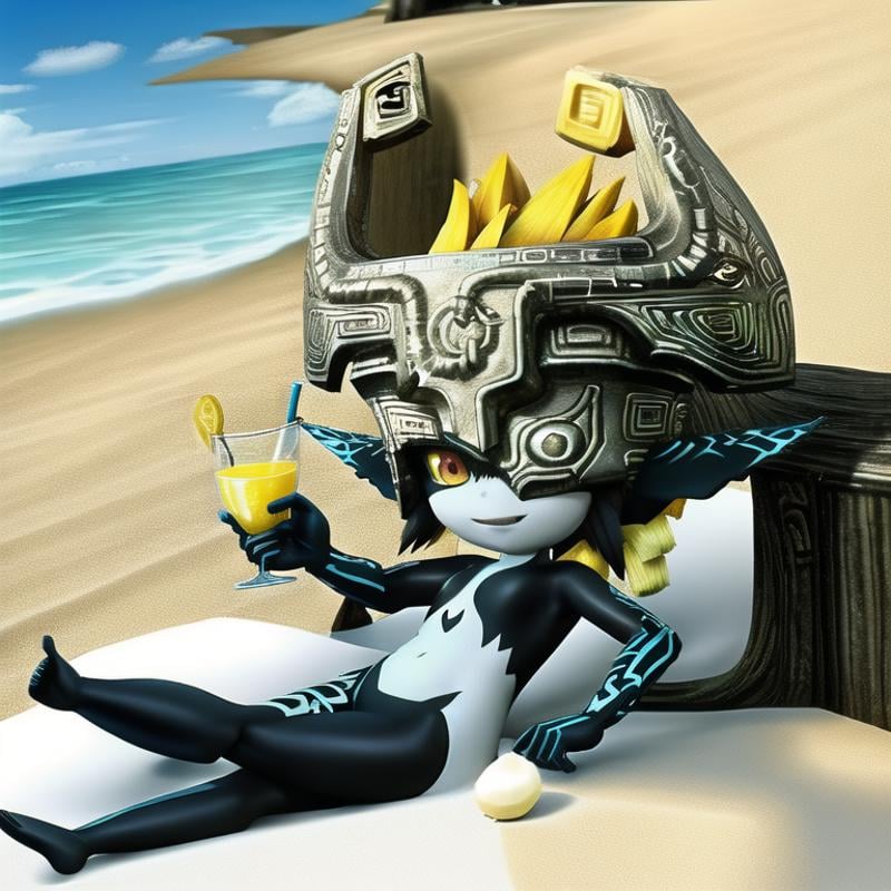 best quality,  masterpiece,  midna relaxing at the beach with a glass of lemonade in her hand by TheFoodMage on Tensor.Art