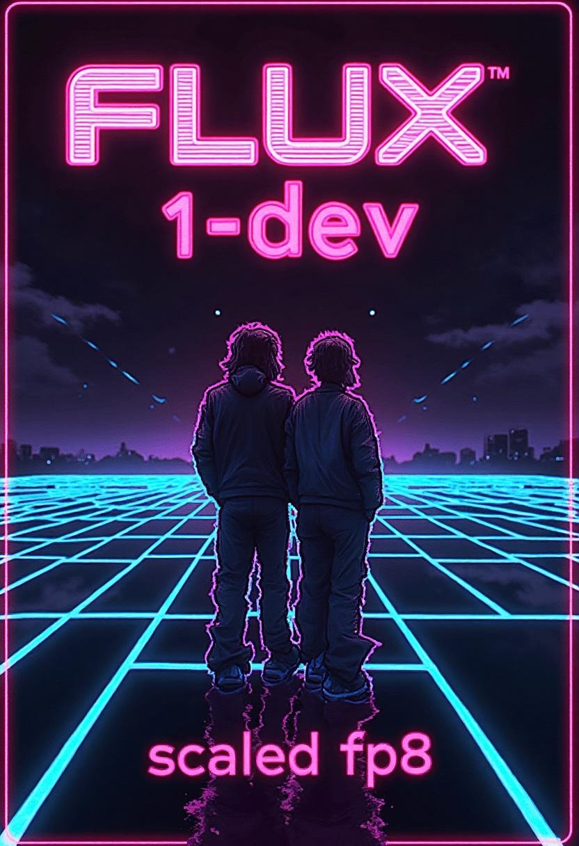 Stylized poster with text title reading "FLUX.1-dev",  with a subtitle below with text that reads "scaled fp8". retro,  sy...