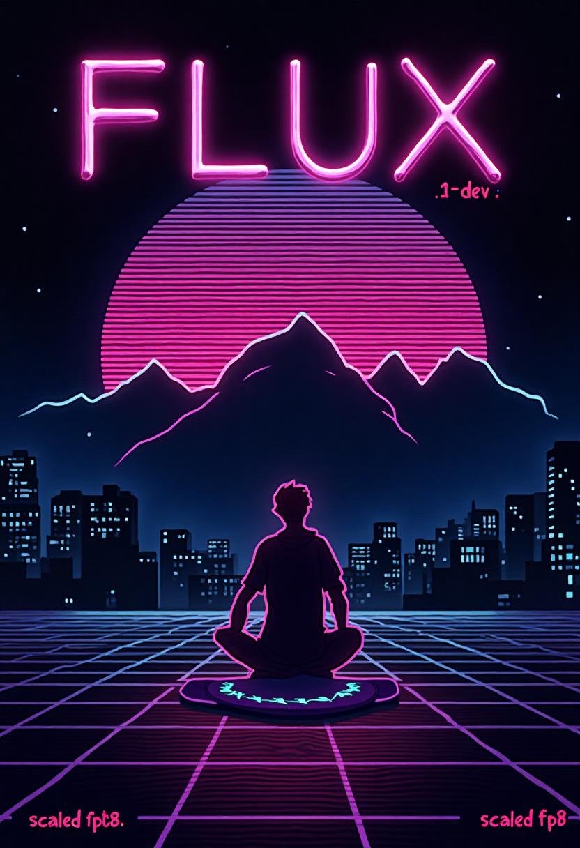 Stylized poster with text title reading "FLUX.1-dev". Below,  a subtitle with more text reads "scaled fp8". retro,  synthw...