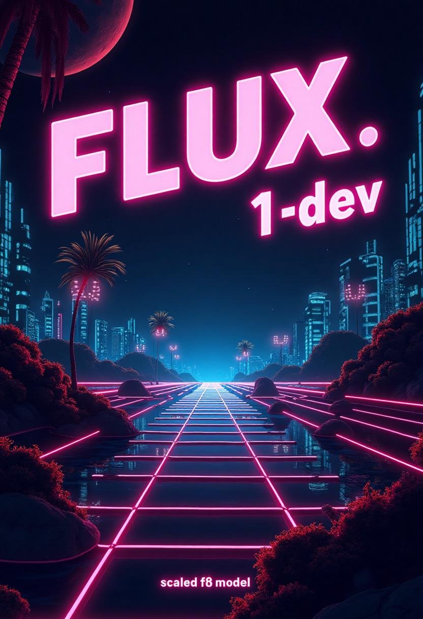Stylized poster with text reading "FLUX.1-dev" and subtitled "scaled fp8 model". retro,  synthwave,  vaporwave by mossai o...