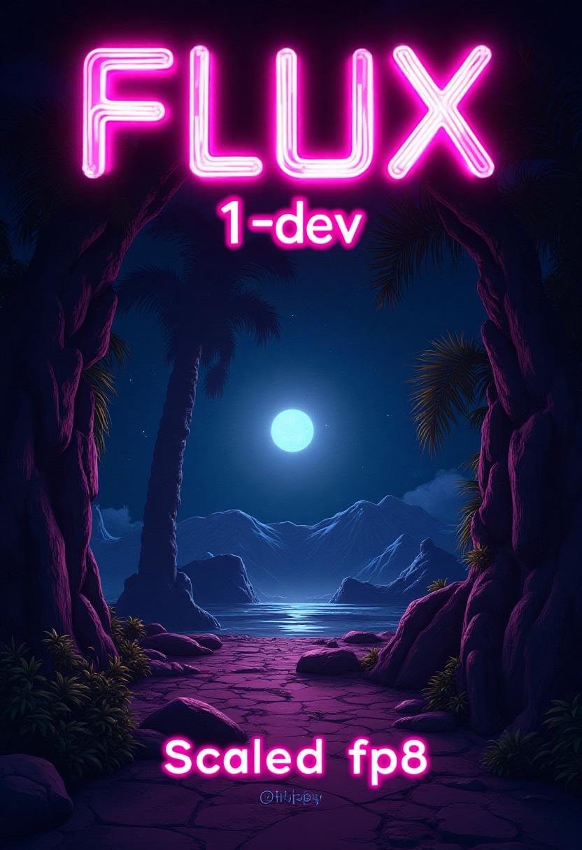 Stylized poster with text title reading "FLUX.1-dev". Below,  a subtitle with more text reads "scaled fp8". retro,  synthw...