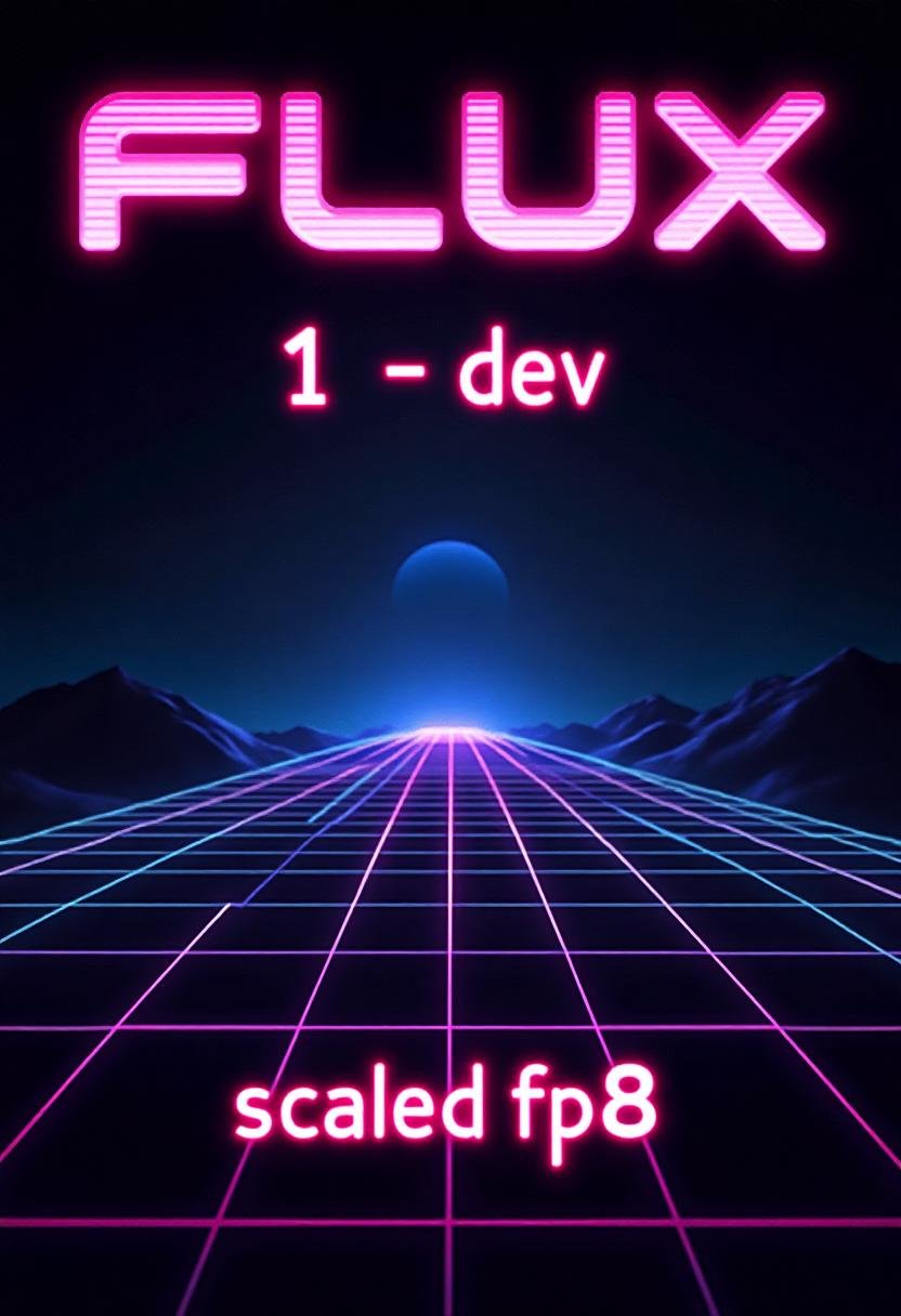 Stylized poster with text title reading "FLUX.1-dev",  with a subtitle below with text that reads "scaled fp8". retro,  sy...