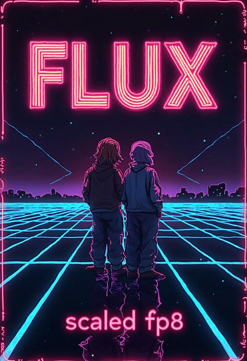 Stylized poster with text reading "FLUX.1-dev",  with a subtitle below with text that reads "scaled fp8". retro,  synthwav...