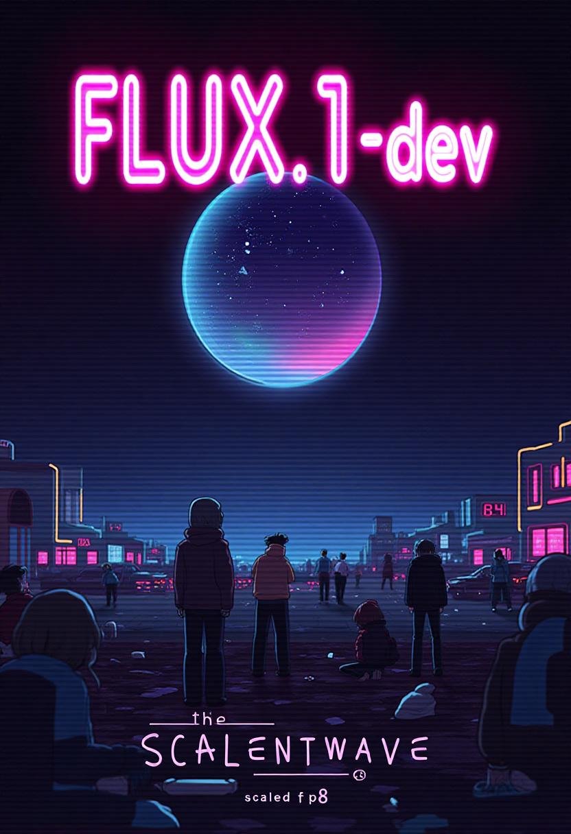 Stylized poster with text title reading "FLUX.1-dev". Below,  a subtitle with more text reads "scaled fp8". retro,  synthw...