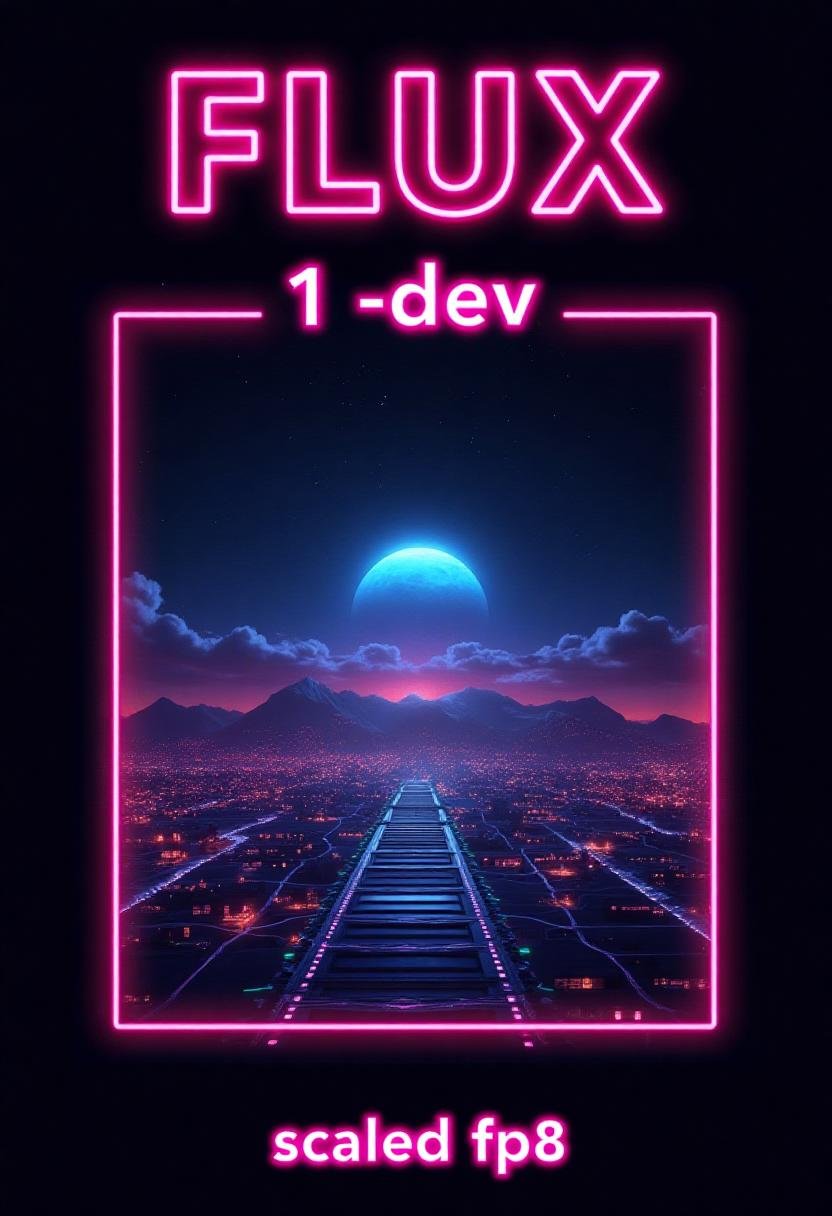 Stylized poster with text title reading "FLUX.1-dev". Below,  a subtitle with more text reads "scaled fp8". retro,  synthw...