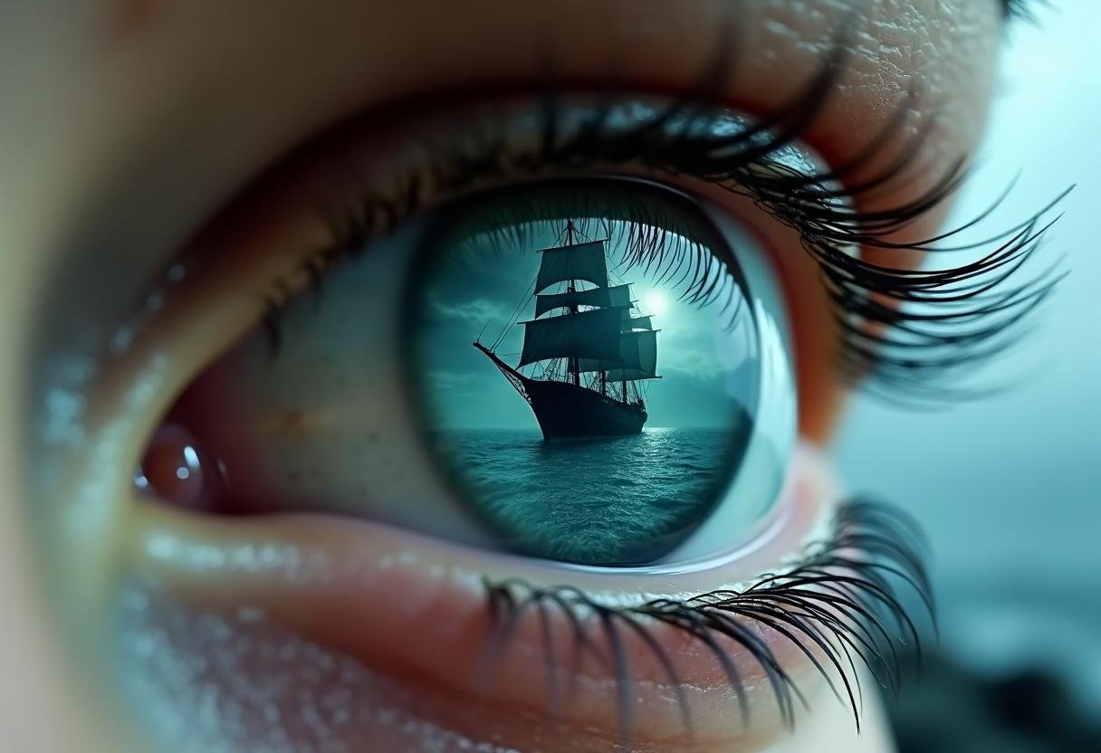 Hyperdetailed photo featuring an extreme close-up of the iris of a realistic,  giant human eye,  filling the entire frame....