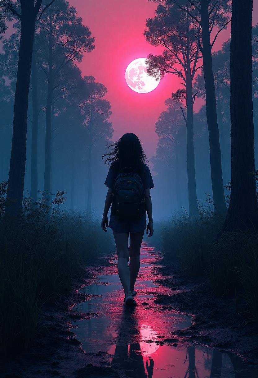 A hyper-realistic digital painting captures a lone woman wandering a narrow,  muddy trail through the eerie boglands of th...