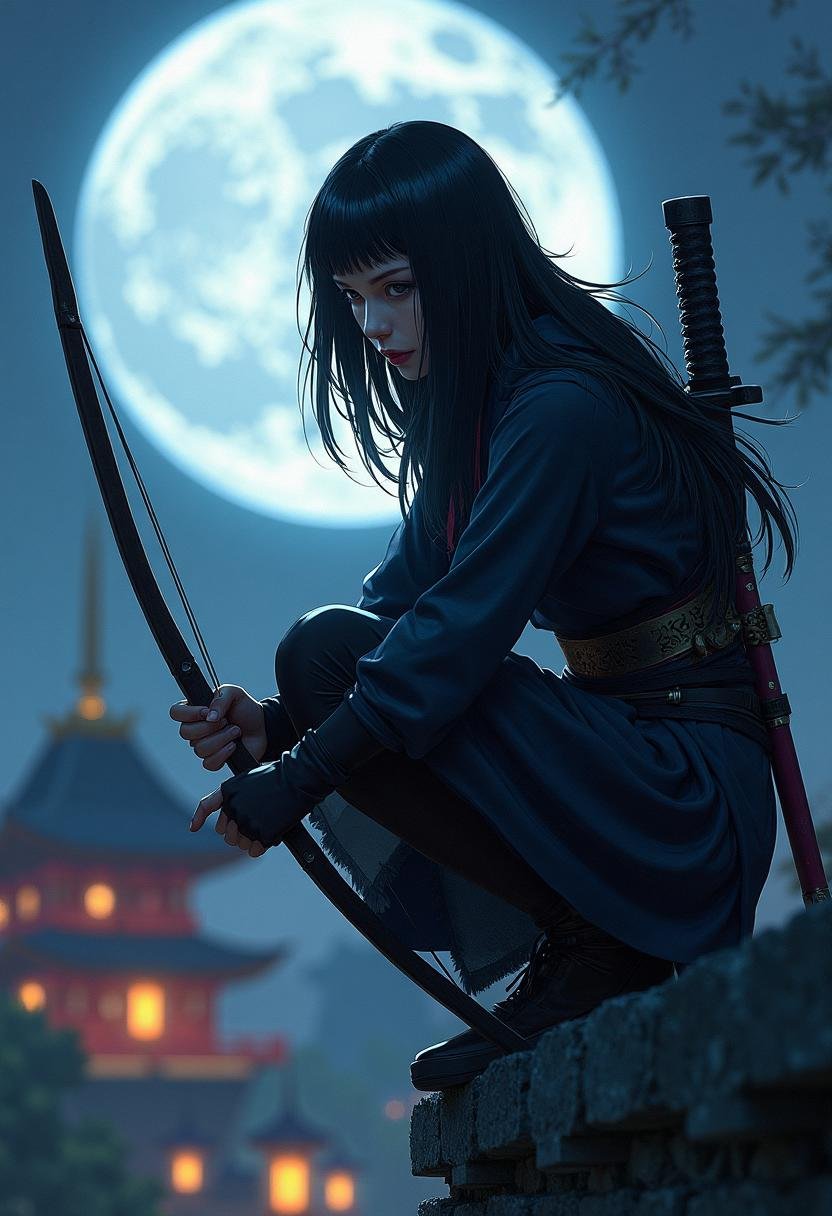 A close-up digital fantasy anime artwork showcases a female ninja crouched atop a Japanese castle wall. Her pale skin cont...