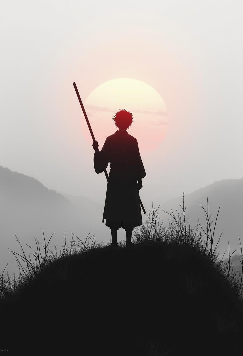 A lone figure stands atop a hill,  their back view framed against a foggy background. Gripping a stave,  their shadow stre...