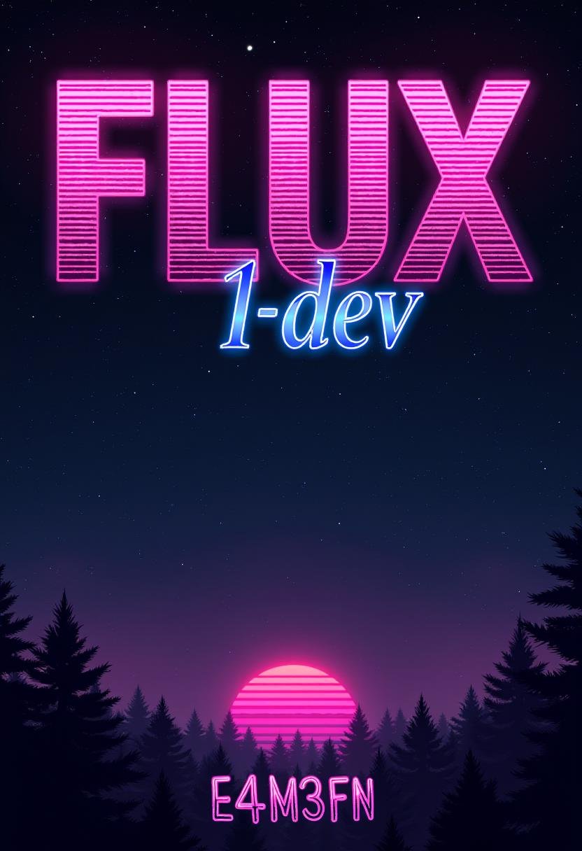 Stylized poster with text title reading "FLUX.1-dev". Below,  a subtitle with more text reads "E4M3FN". retro,  synthwave...