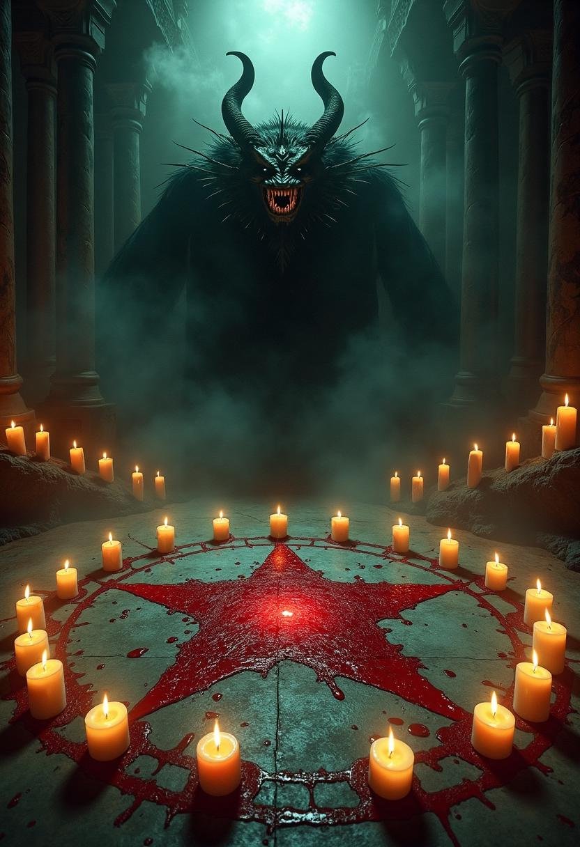 A masterfully detailed dark fantasy scene unfolds in a dimly lit,  foreboding chamber. A massive,  blood-drawn pentagram s...