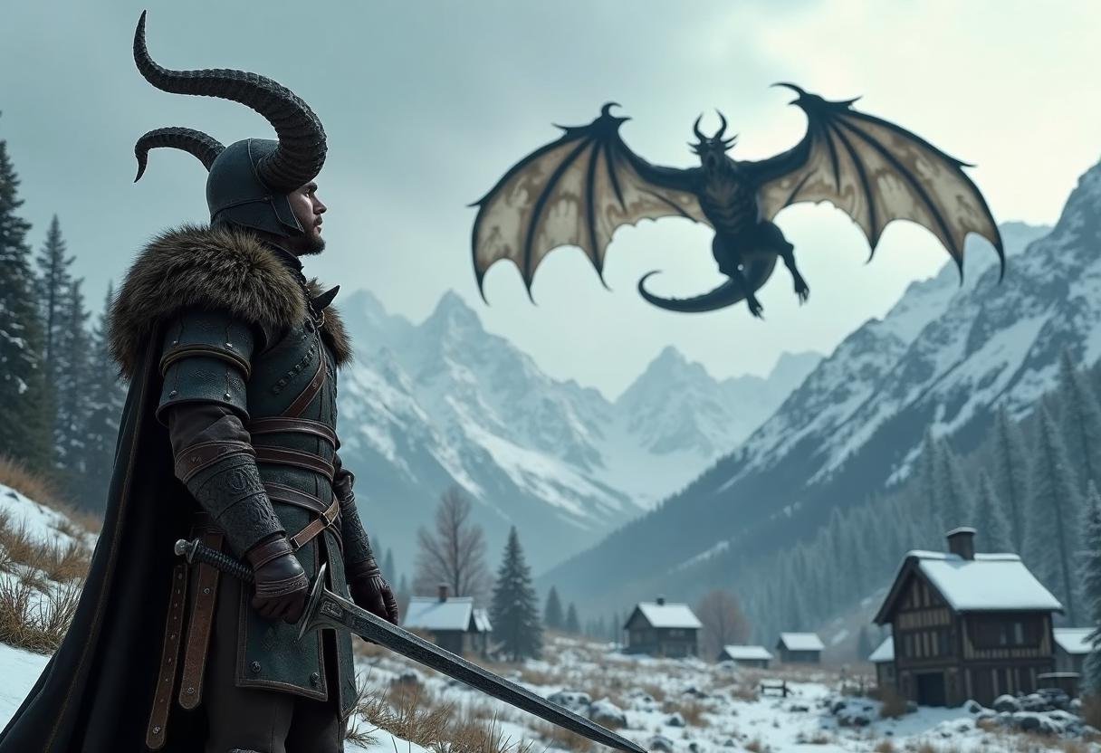 cinematic,  Skyrim themed,  a warrior wearing leather armor and horned helmet by mossai on Tensor.Art