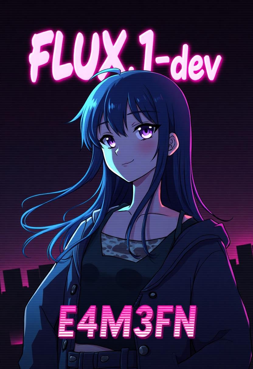 Stylized poster with text title reading "FLUX.1-dev". Below,  a subtitle with more text reads "E4M3FN". retro,  synthwave...