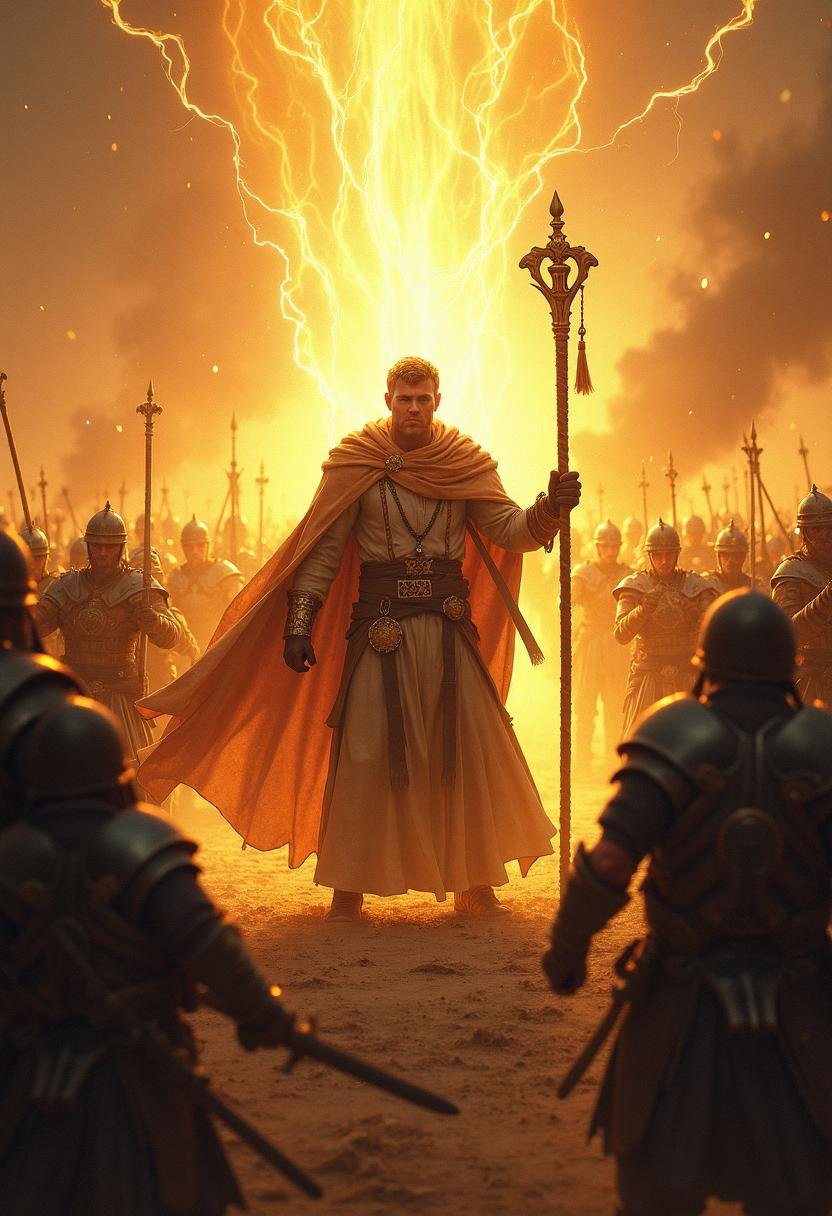 A battle-hardened mage stands at the heart of the fray,  encircled by warriors surging toward their foes. A radiant golden...