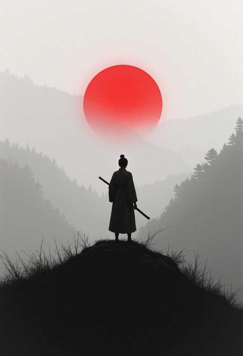 A lone figure stands atop a hill,  their back view framed against a foggy background. Gripping a stave,  their shadow stre...