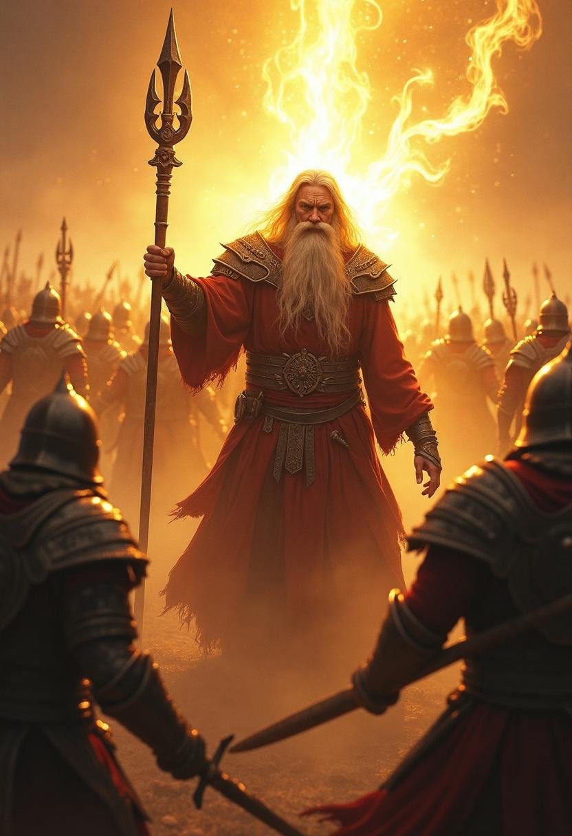 A battle-hardened mage stands at the heart of the fray,  encircled by warriors surging toward their foes. A radiant golden...