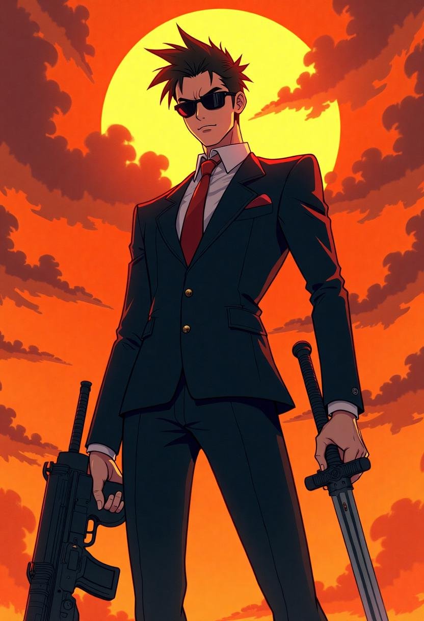 This image is a digital anime illustration featuring a tall,  slender man with a confident and somewhat menacing demeanor....
