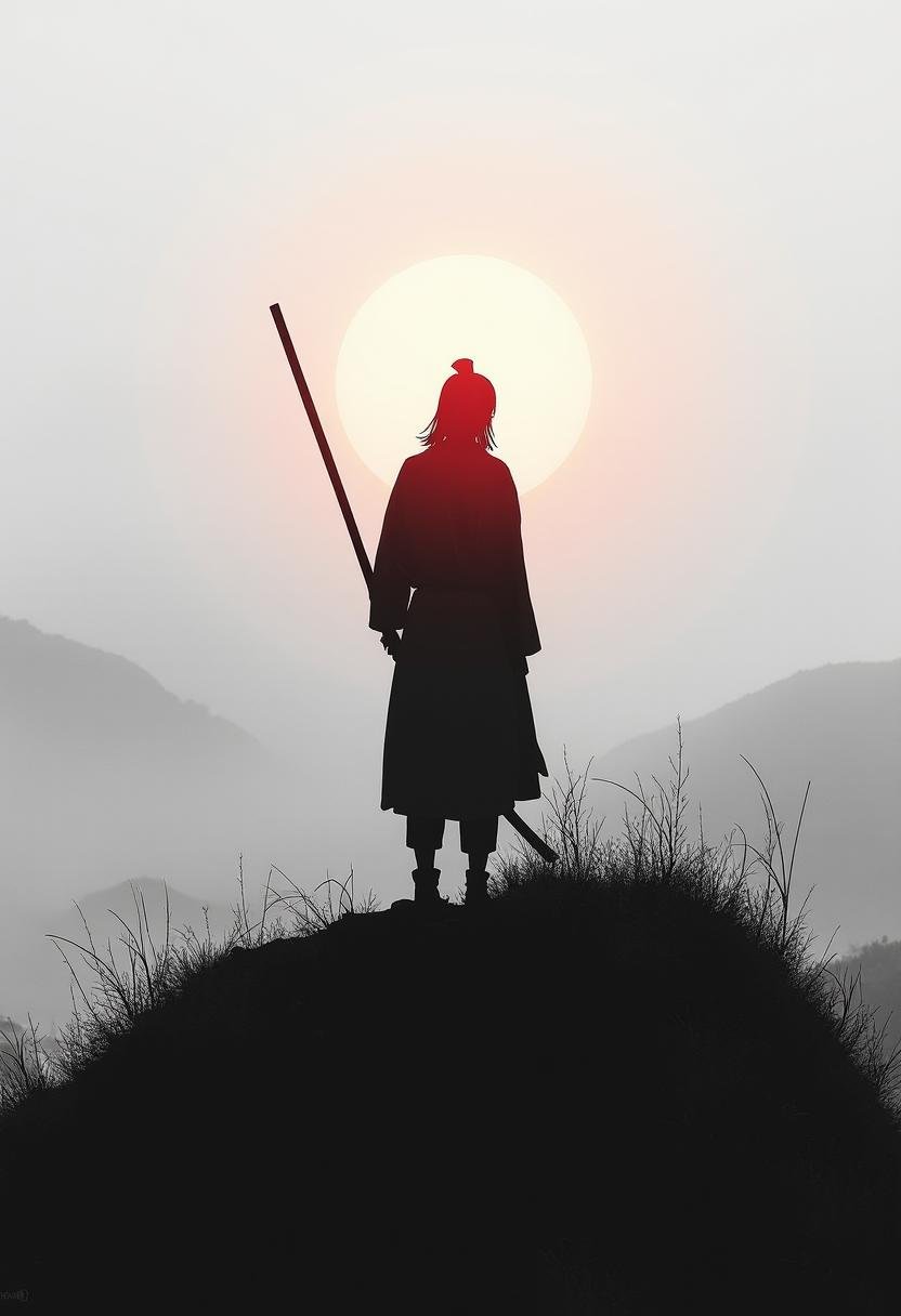 A lone figure stands atop a hill,  their back view framed against a foggy background. Gripping a stave,  their shadow stre...