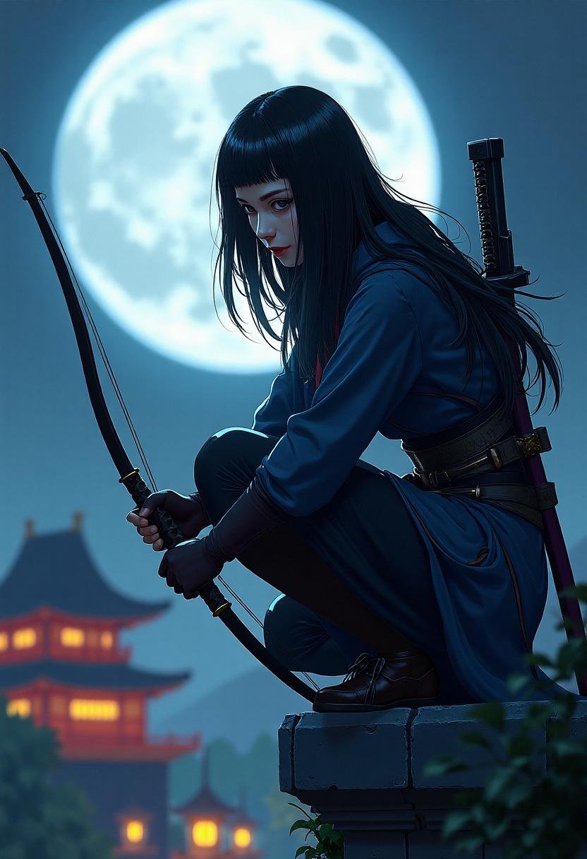 A close-up digital fantasy anime artwork showcases a female ninja crouched atop a Japanese castle wall. Her pale skin cont...