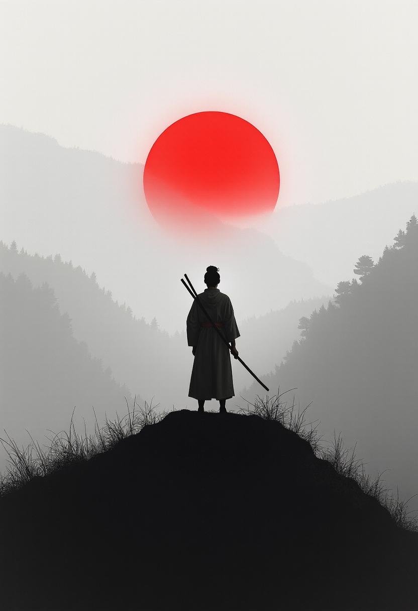 A lone figure stands atop a hill,  their back view framed against a foggy background. Gripping a stave,  their shadow stre...